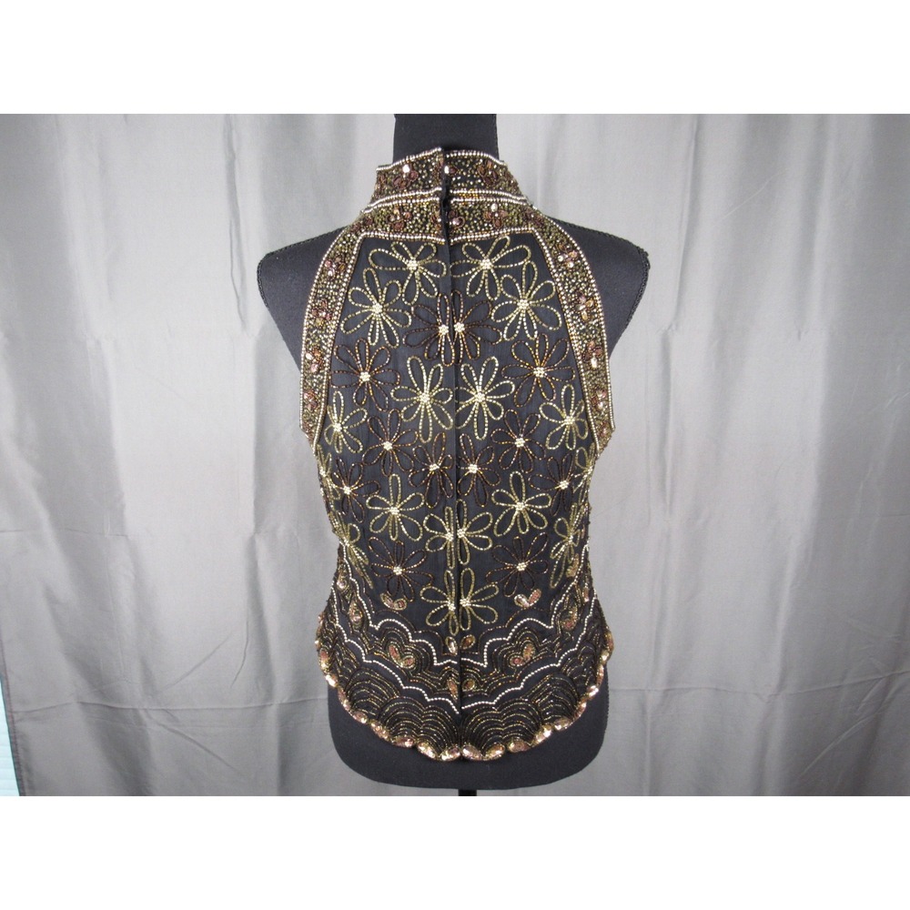 Papell Boutique Evening Black Silk Beaded Halter Top Mock Neck Scalloped Medium - Picture 4 of 8